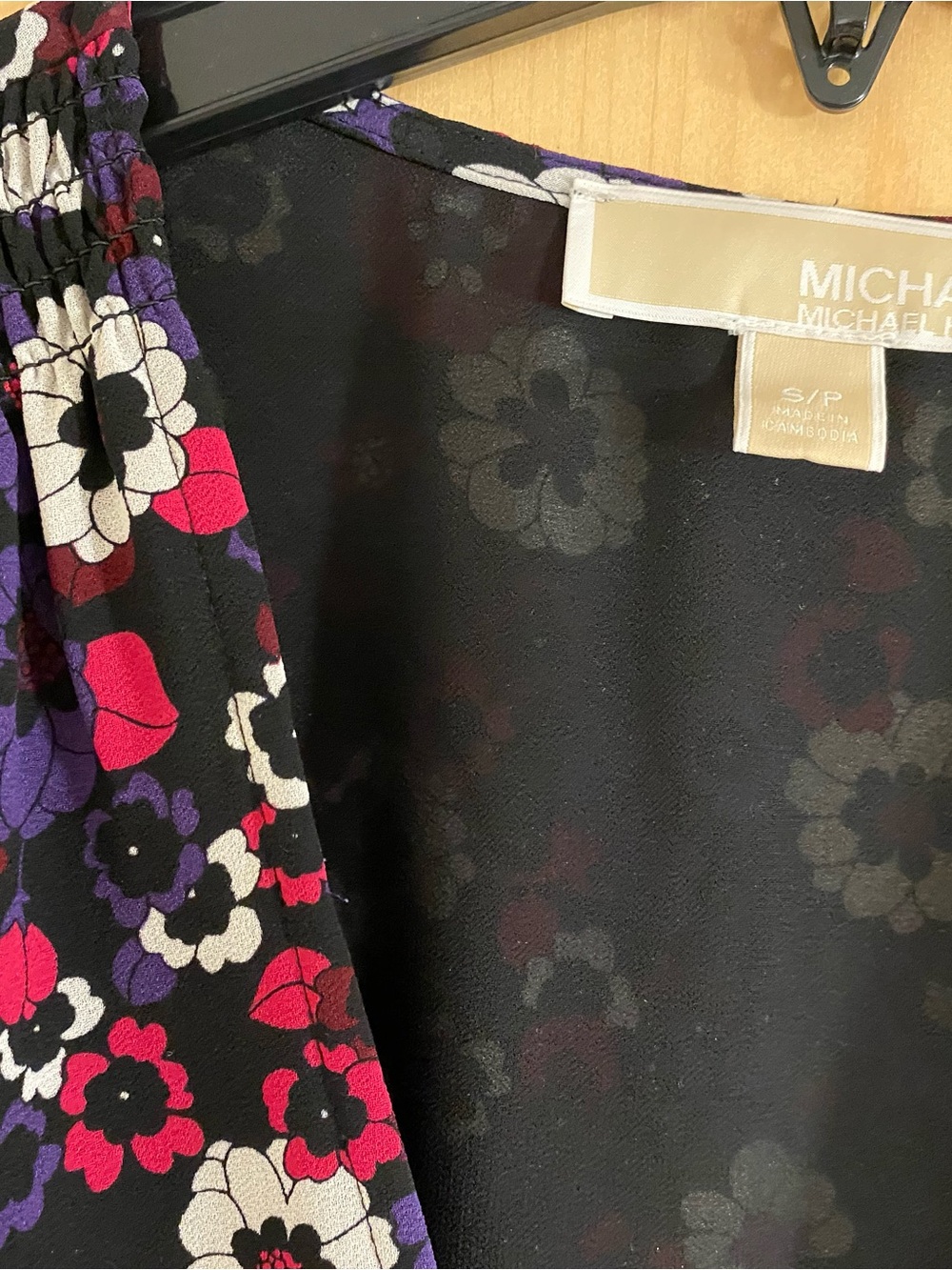 MICHAEL Michael Kors Floral Wrap Long-Sleeve Dress in Black, Magenta, Purple - Picture 4 of 12